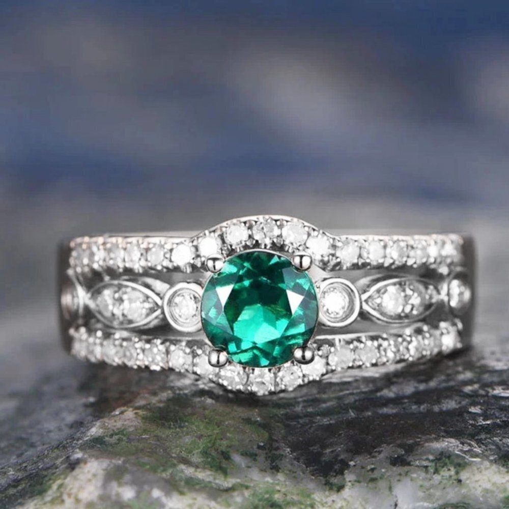 💥 Three Layer Stack Green Gems Zircon Silver Rings for Women, EVGG1283